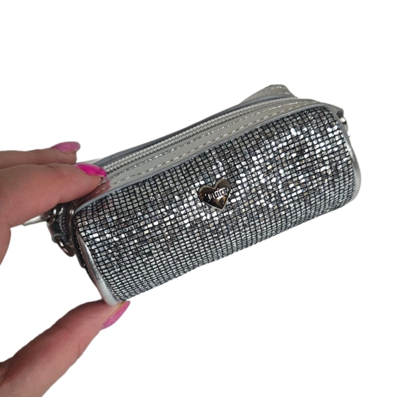 Juicy Couture Silver Sparkle Mini Purse Y2K Bling Wristlet Pouch | Heart Logo - Picture 2 of 9
